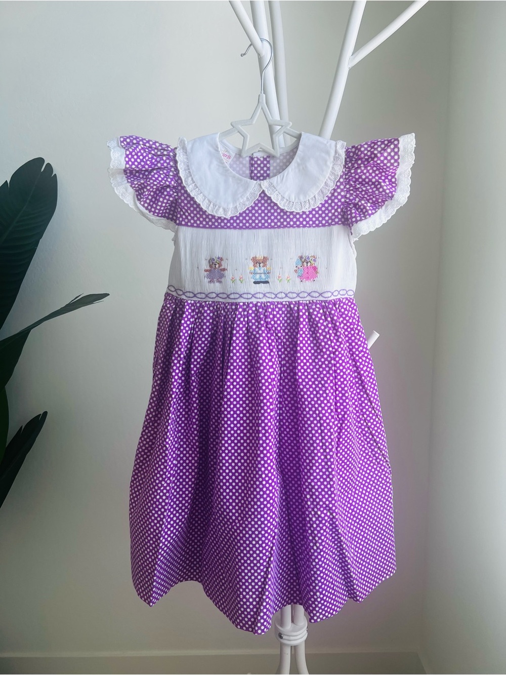 Purple Polka Dot Smocked Dress with White Peter Pan Collar - Girls